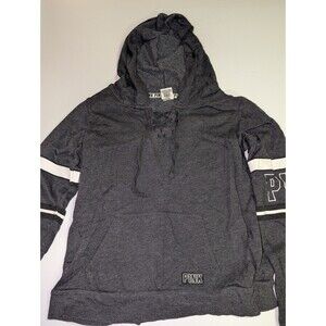 Victoria's Secret PINK Lace Up Hooded Sweatshirt Dark Grey With Striped Sleeves